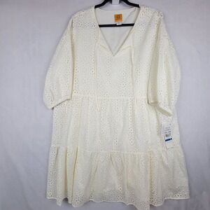 Ruby Rd Split Neck Eyelet Dress Peasant  Size XL Cotton Cream $79 Boho Cottage